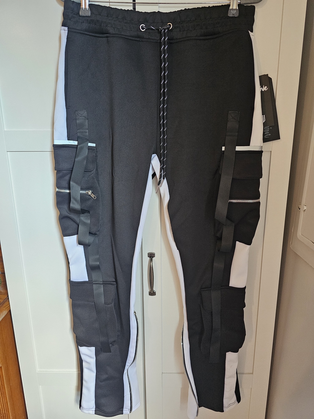 NWT Motive Denim Black White Split Techwear Cargo Pants Men's M Track Joggers